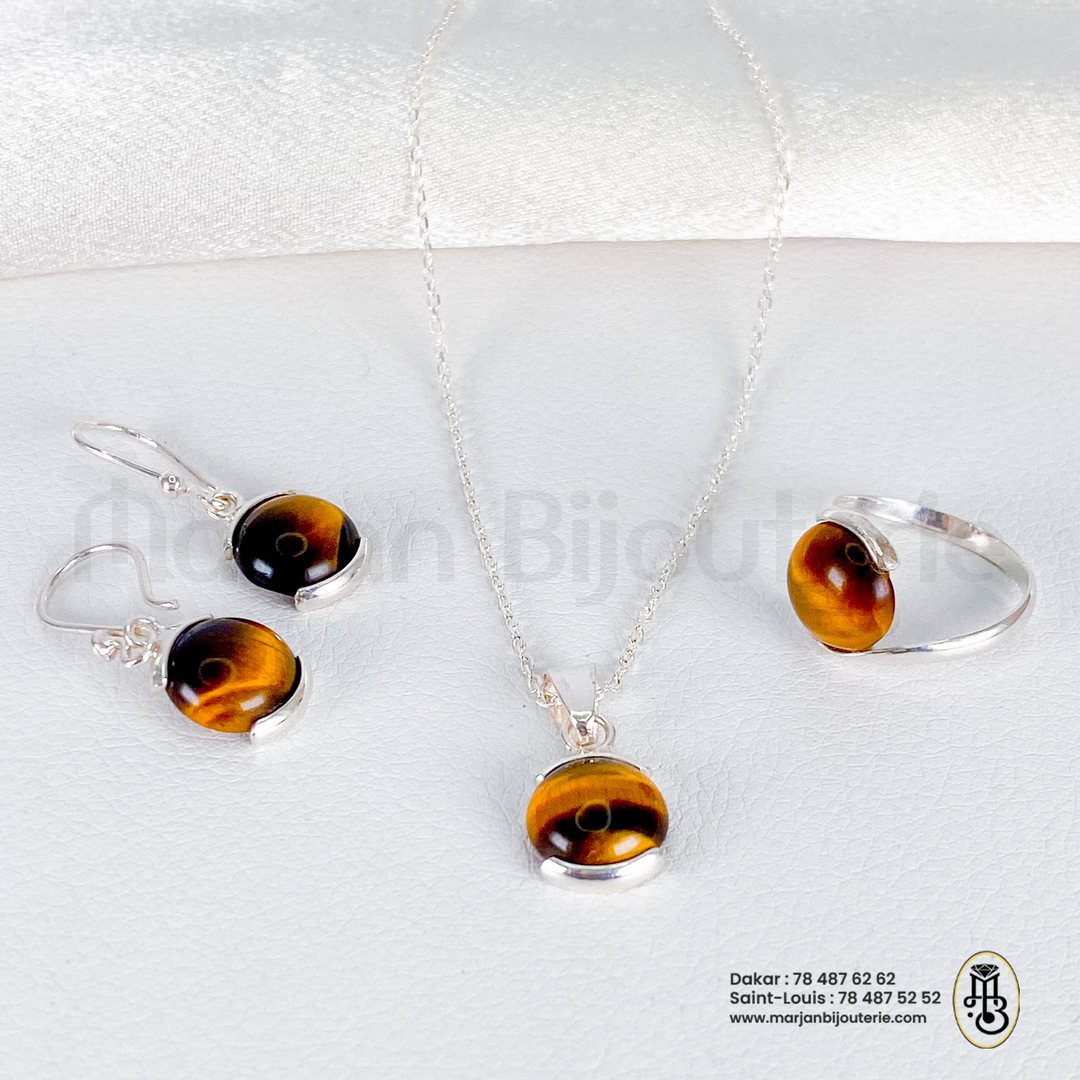 Ensemble chaine boucles d&rsquo;oreilles bague argent avec pierre oeil de titre 2