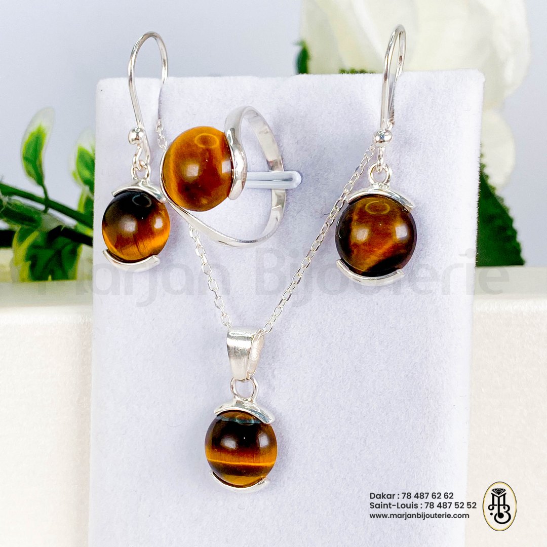 Ensemble chaine boucles d&rsquo;oreilles bague argent avec pierre oeil de titre 2
