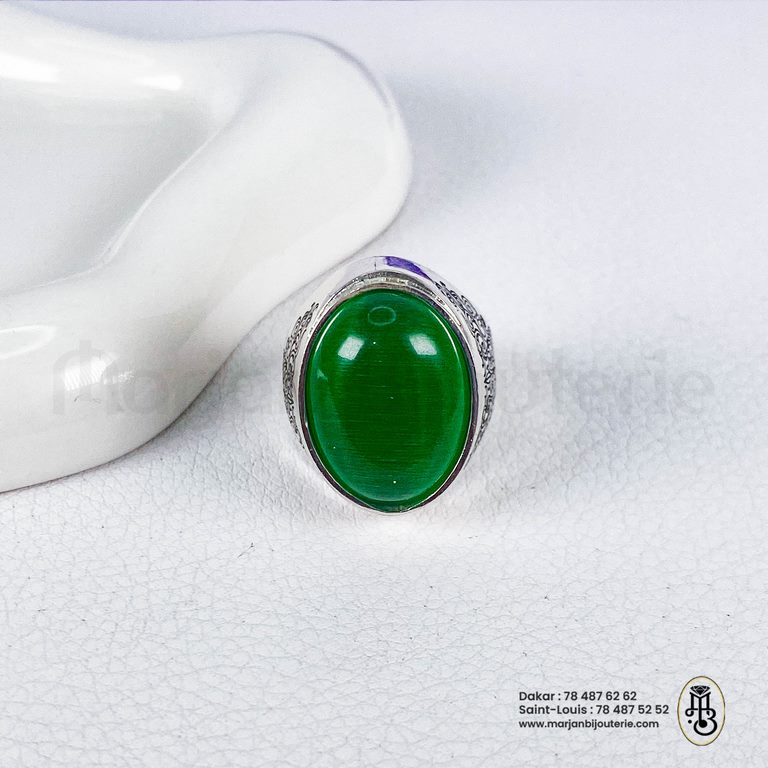 Chevalière Homme Argent Gravé & Pierre Aqiqa Verte✨💚